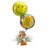 a box with brown teddy bear with balloons printed with a happy emoji and get well soon