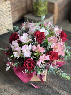 Box Arrangement of Six Roses with Delicate Filler Flowers