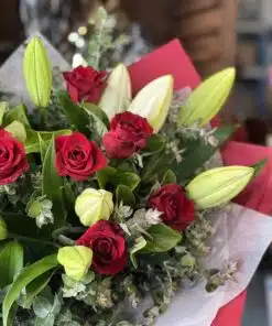 Red Roses and Oriental Lily Bouquet