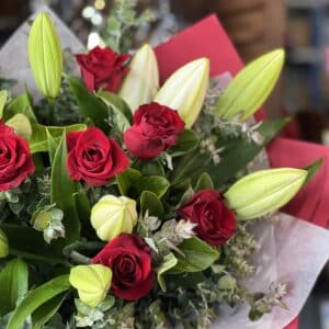 Red Roses and Oriental Lily Bouquet