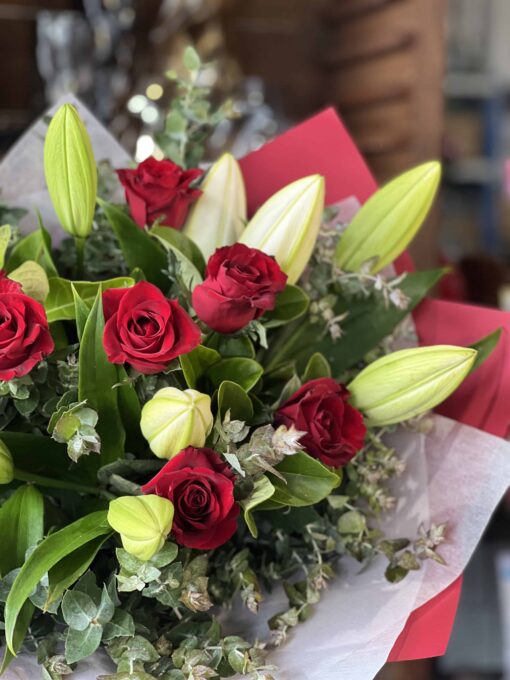 Red Roses and Oriental Lily Bouquet